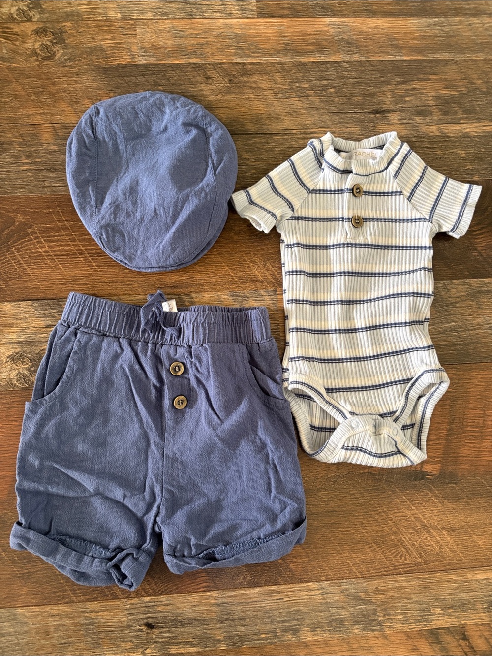 Rachel Zoe Cream & Blue Striped Bodysuit with Blue Hat and Shorts